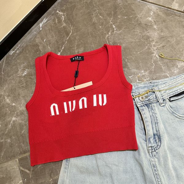 

Fashion Brand Tank Top Women T Shirt Knitted Tee Sport Tops Woman Yoga Tees Slim Fit Contrast letter jacquard large U neck short exposed waist outdoor vest, Red