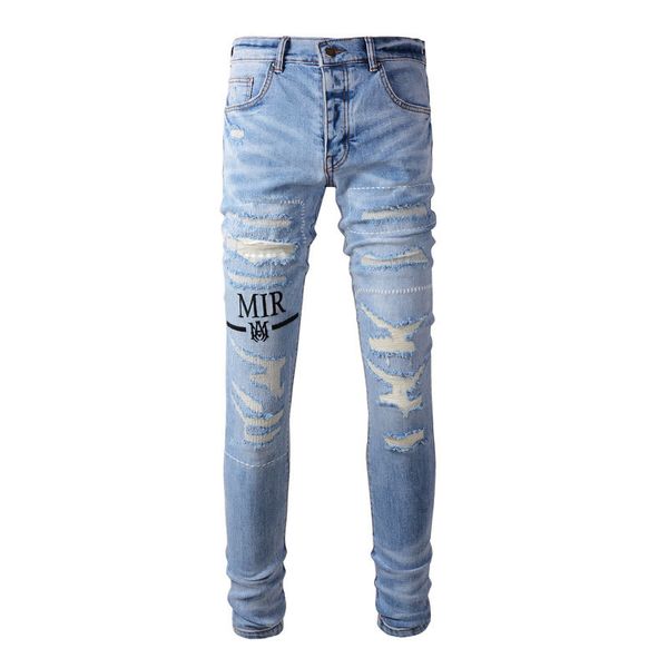 

American Hip Hop Cotton Straignt Denim Men's Jeans Blue Slim Fit Hole Printed Button Fly Amiryes Plus Size
