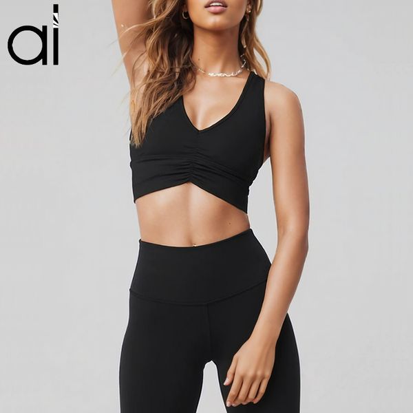 

AL Yoga Suits 2 Piece Sports Bras Top+leggings Front Ruching Wild Things Bra High-rise Sweatpants Elastic Tight T-line Pants Breathable Soft Gym Street, Black