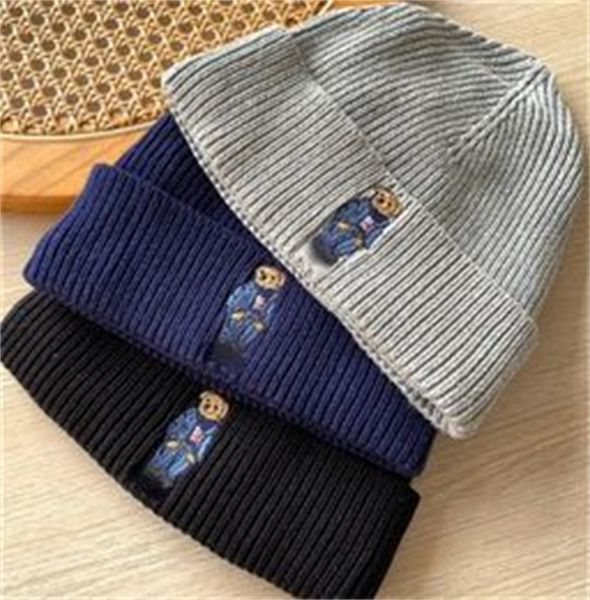 

2023 Polo Bear Embroidery Knit Cuffed Beanie Winter Hat y1, Black