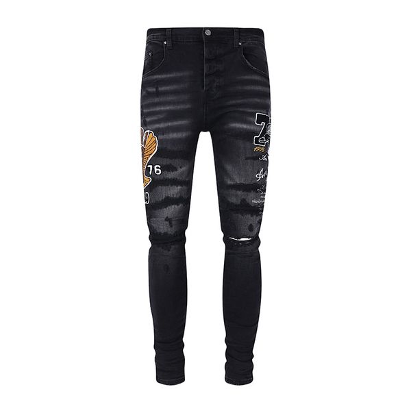 

American Men Black Designer Pants Cotton Washed Patch Skinny Elastic Slim Jeans Cloth embroidery Amiryes Man, Multi