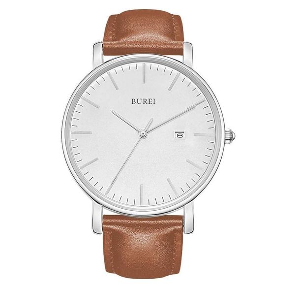 

BUREI Men's Fashion Minimalist Wrist Watch Waterproof Watches Simple Ultra Thin Watches Analog Quartz Date with Brown Black Leather Strap
