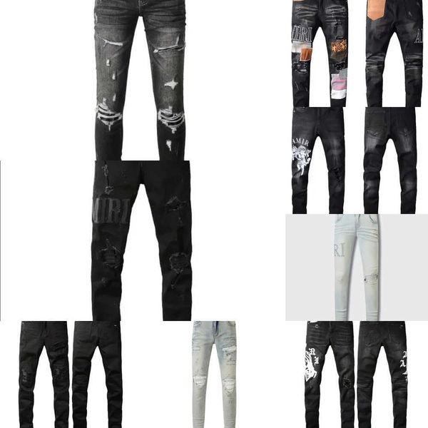 

Mens Jeans Man designer hight quality pants purple jeans amirs Embroidery hole Ripped High Street Biker Skinny slim, Pewter