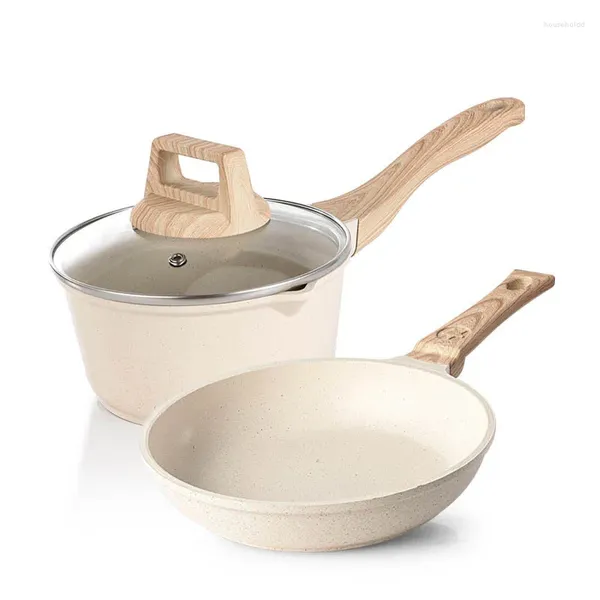 

Cookware Sets Non-stick Frying Pan Maifan Stone Kitchen Soup Pot Milk with Wooden Handle Set Cooking Utensils for, Purple