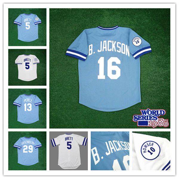 

1985 1987 Kansas City KC Retro World Series WS Baseball Jersey George Brett Bo Jackson Bret Saberhagen Dan Quisenberry Bobby Witt Jr Salvador Perez Royal Blue White, Men retro blue with 1985 ws patch