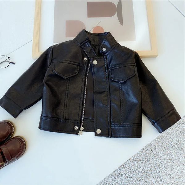 

Girls Boys Black Pu Zipper Jackets Kids Baby Leather Jacket Spring Autumn Cool Coat Children Clothes Overcoats 26T 240122