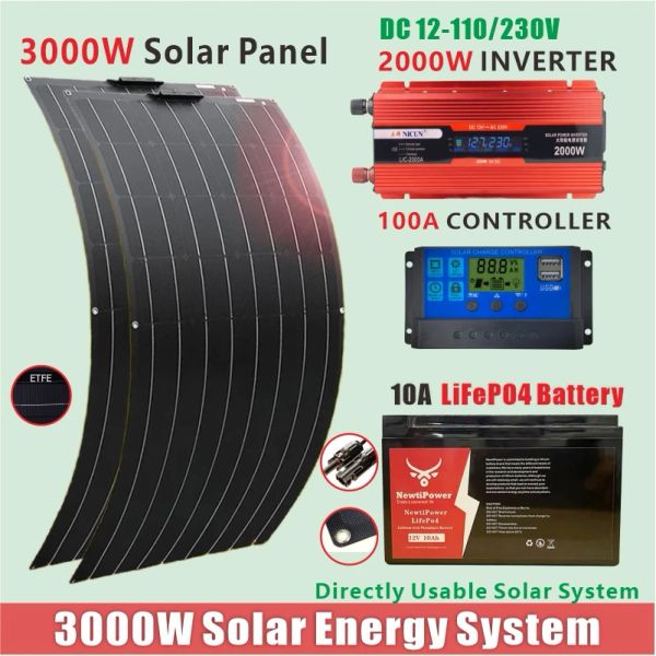 3000W Solar Panel System Kits For Home With 2000W Inverter DC 110V/230V Solar Panel 100A Charge Controller 10Ah LFP4 Battery