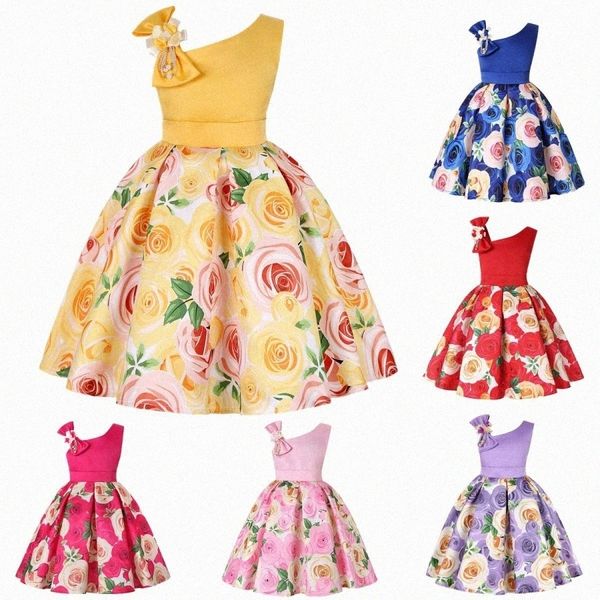 

Girls Dresses Skew Shoulder Children one-piece Dress Rose Print Evening Holiday Performance Skirt Green Red Pink T5CM#, Black