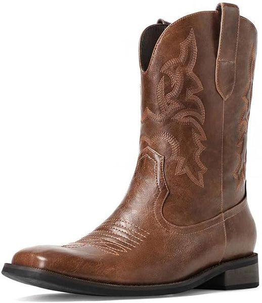 

Cowboy Boots for Men - Men's Western Boots With Embroidered, Slip Resistant Square Toe Chunky Heel Ankle Boots, Durable and Fashionable, Brown