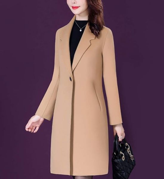 

Women's Elegant Wool Blend Trench Coat Winter Outcoat Mid-Long Windproof Lapel Slim Pea Coats, Camel