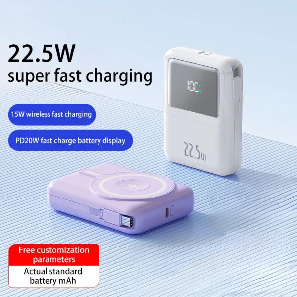 Mini 20000mAh Magnetic Qi Built-in Cable Power Bank Wireless Charger Power Bank 22.5W For iPhone Samsung Huawei Fast Charging