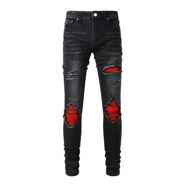 

Black Hole Patch Washed Jeans Amiryes Couple High Street Trendy Men's Slim Fit Pants Denim Designer Usa Size