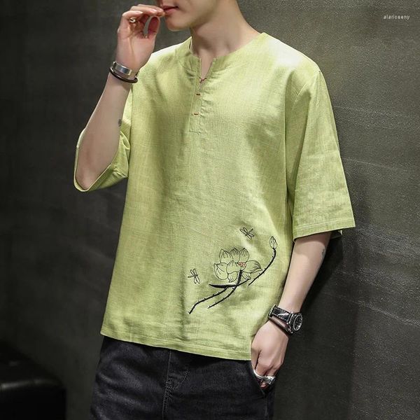 

Mens T Shirts Summer Linen T-shirt Chinese Retro Casual Lotus Flower Embroidered Shirt Plus Size Top Traditional Asian Zen Tea Clothing, Khaki