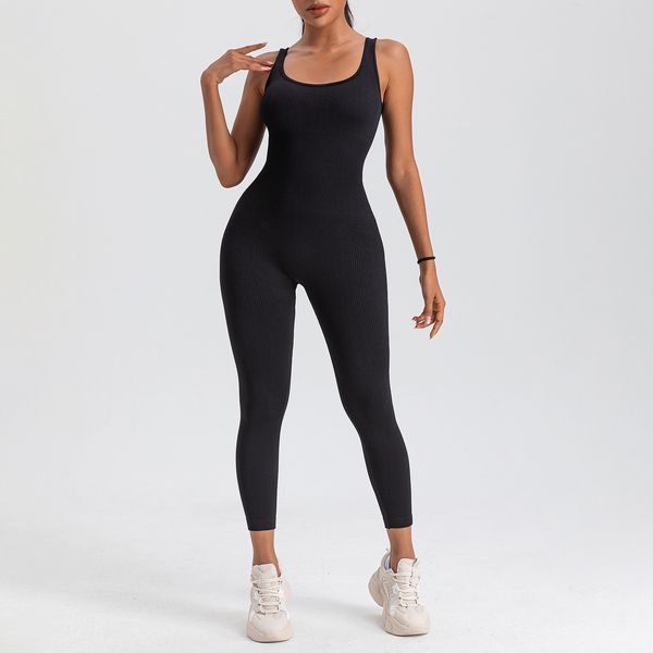 

Women Workout Seamless Jumpsuit Yoga Ribbed Bodycon One Piece Square Neck Leggings Romper GP12, Black