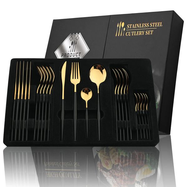 

Tableware Knife Fork Spoon Stainless Steel Flatware Set 24Pcs Golden Handle Cutlery with Festival Kitchen Dinnerware Gift Box