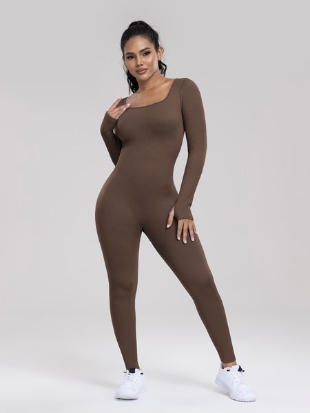 

Women's Sexy Bodycon Long Sleeve Scoop Neck One Piece Jumpsuit Romper, Brown