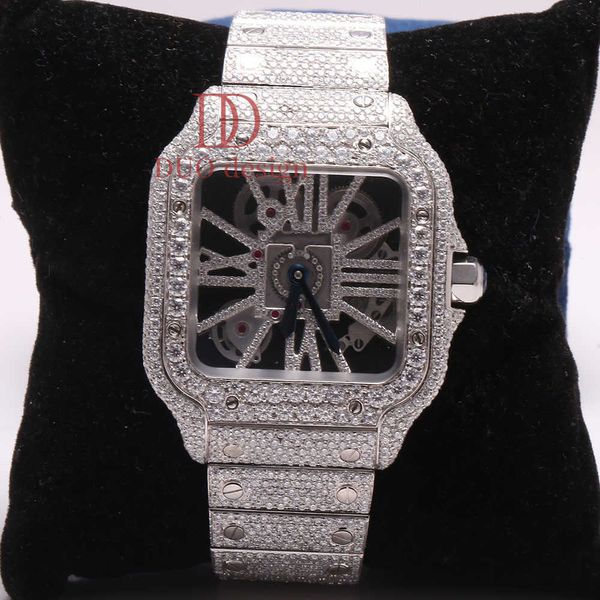 

Unique and stunning stainless steel roman numerals skeleton hip hop moissanite diamond watch with enhanced VVS clarity