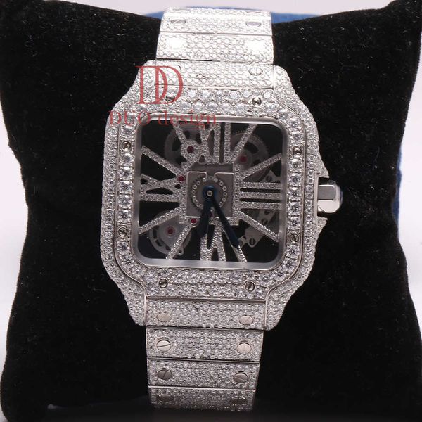 

Unique and stunning stainless steel roman numerals skeleton hip hop moissanite diamond watch with enhanced VVS clarity