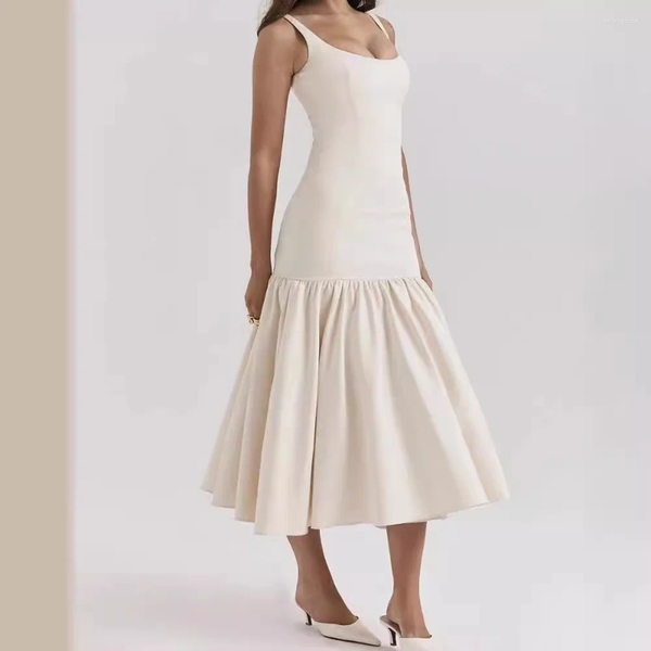 Casual Dresses Summer Sleeveless Evening Long Dress Elegant Solid Sling Pleated Ruffles Hem Maxi Chic Lady Party Robes