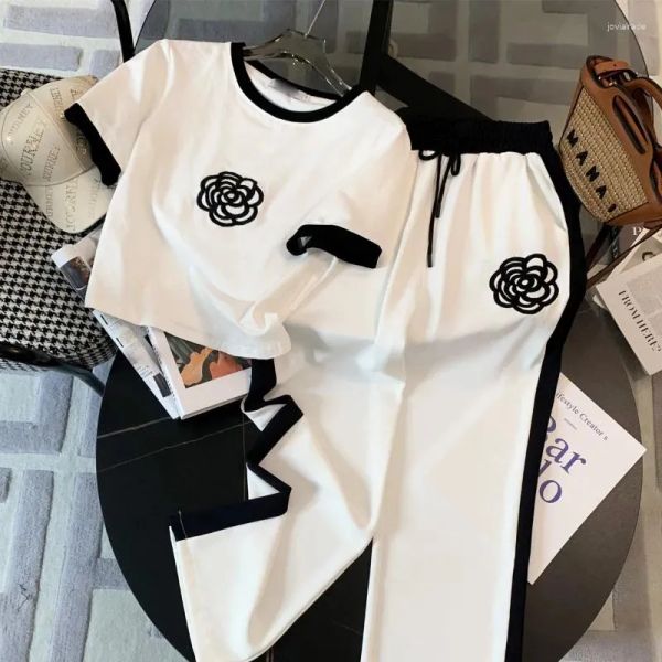 Womens Two Piece Pants 2 Set Korean Fashion Rose Embroidered Luxury Designer Short Sleeves Tshirt Tops High Waisted Wide Leg