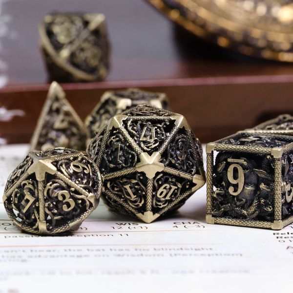 Cusdie 7Pcs Metal Hollow Dice DND Medusa Polyhedral Dice Set D4-D20 for D&D Role Playing Board Games Pathfinder