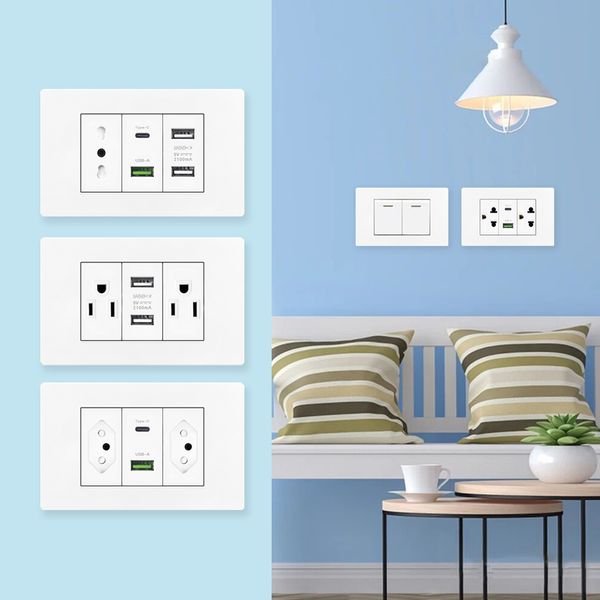 Italy Chile Mexico USB Smart Type-c 20W Fast Charging Wall Outlet plug,Brazil Electric Light Switch Panel Universal usb c Socket