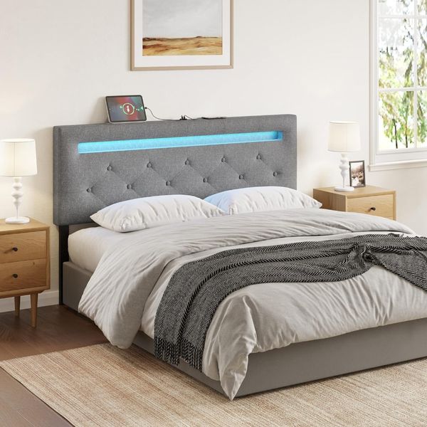 Headboard with LED light and USB post upholstery, height-adjustable en fabric upholstered headboard, bedroom modern, grey
Headboard with LED light and USB post upholstery, height-adjustable en fabric upholstered headboard, bedroom modern, grey