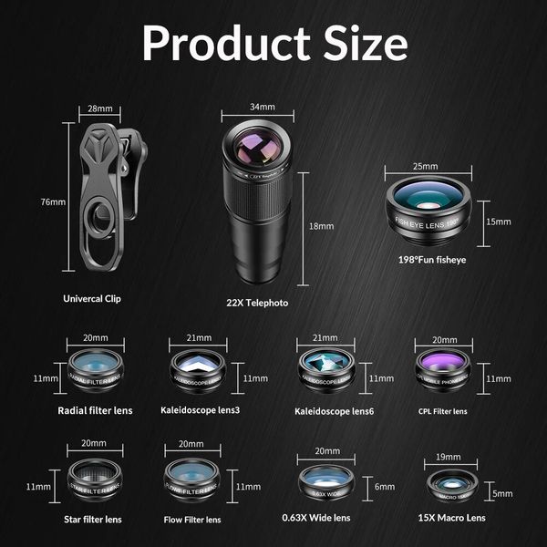 in APEXEL 10 1 Mobile Phone Lens Kit 22X Telephoto Fisheye Lens Wide Angle Macro Lens+CPL Star Flow Filters for All Smartphones +CPL
in APEXEL 10 1 Mobile Phone Lens Kit 22X Telephoto Fisheye Lens Wide Angle Macro Lens+CPL Star Flow Filters for All Smartphones +CPL