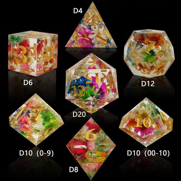 CRITALLIC Sharp Edges Dice DND 7Pcs Flower D&D Dice Handcrafted Polyhedral Dice Set for Role Playing Board Game Pathfinder