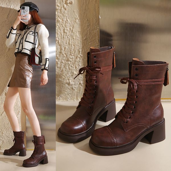 Mid Cut Lace-Up Boots: Korean Style Chunky Heels in Black & Brown 4b6f