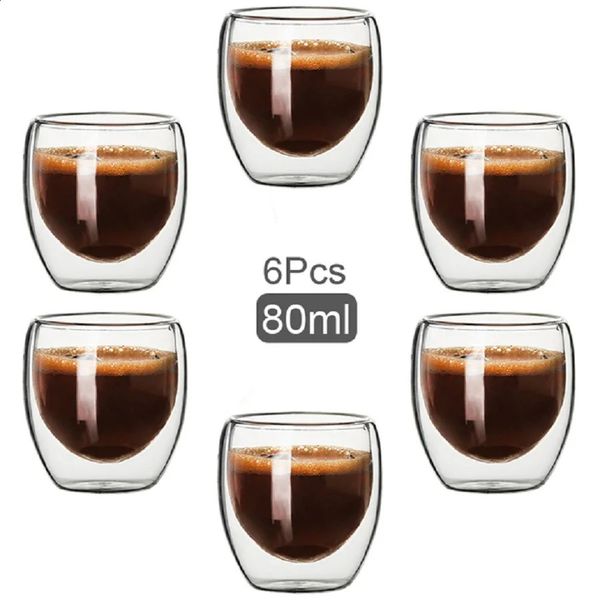 Double wallet glass coffee cup glass cup double walled cappuccino cocoa milk cup 2.7 ounces 6 sets of coffee cups transparent glass 240929