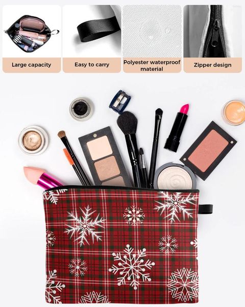 2025 NEW Cosmetic Bags Christmas Snowflakes Red Plaid Large Capacity Travel Bag Portable Makeup Storage Pouch Women Waterproof Pencil Case original design