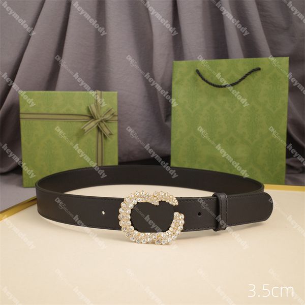 Shiny Diamond Buckle Leather Belts Double Letter Belt Women Genuine Leather Belt With Box