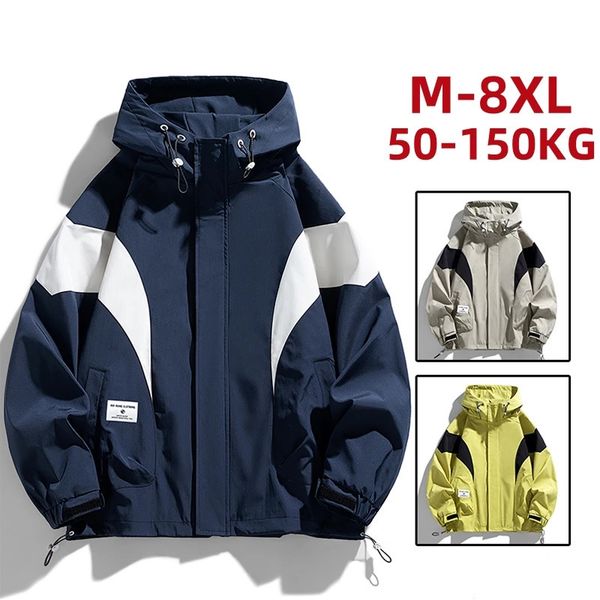 Men's Jacket Hooded Windbreaker Oversize 6XL 7XL 8XL Plus Size Waterproof Black Bomber Camping Coats Loose Male Zipper Softshell