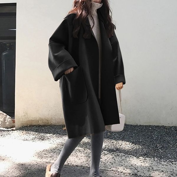 Womens Long Sleeve V Neck Faux Wool Blends Thin Jacket Coat Loose Warm Solid Overcoat Women Hiking Winter Jackets 241018