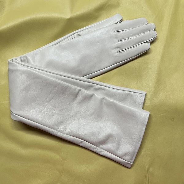 50cm genuine leather white womens high-end party gloves sheepskin womens winter velvet long gloves cream ivory white 241021