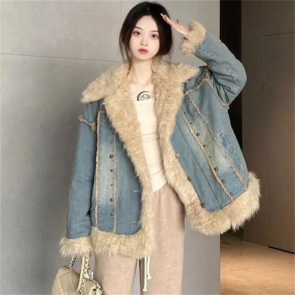 Retro Denim Jacket Womens Wool Collar Winter Cotton Clip Thick Versatile Loose Fitting Student Cardigan Top Blue 241025