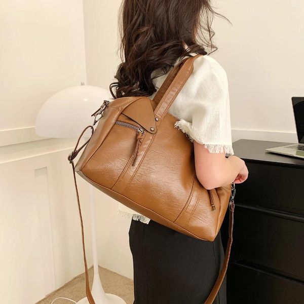2025 NEW Drawstring Classic PU Leather Handbags Women Solid Elegant Casual Totes Designer Lady Retro Bags Large Capacity England Style Vintage