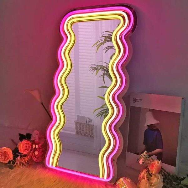 Wavy Mirror neon lights are used for wall decoration and decorative mirrors with dimmable neon lights are given as gifts for room and office decoration X241028