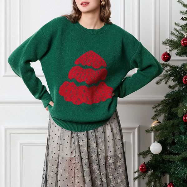 2024 Women's Christmas Casual Sweaters Drop Shoulder Long Sleeve Round Neck Ribbed Loose Knitted Xmas Tree Pullover Warm Tops