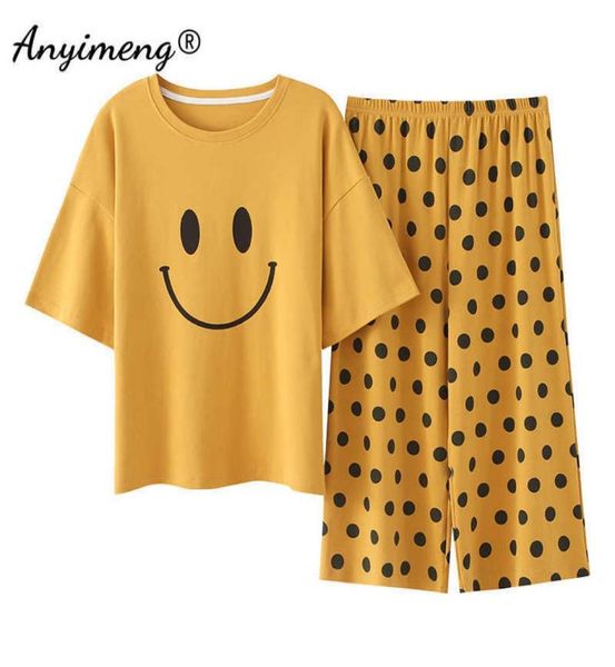 short sleeve capris homesuit homeclothes soft printing crew neck pajamas set 100 cotton woman pijamas set for summer 2106225228064, Black;red