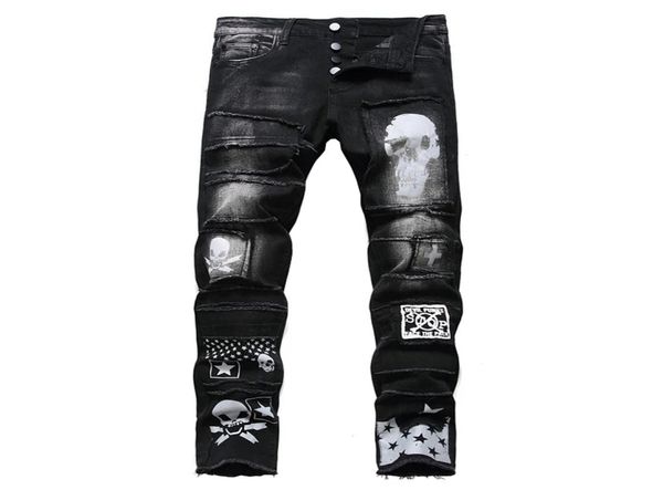 men black skull stars printed jeans streetwear buttons fly patchwork slim stretch denim fringe pants8590750, Blue
men black skull stars printed jeans streetwear buttons fly patchwork slim stretch denim fringe pants8590750, Blue