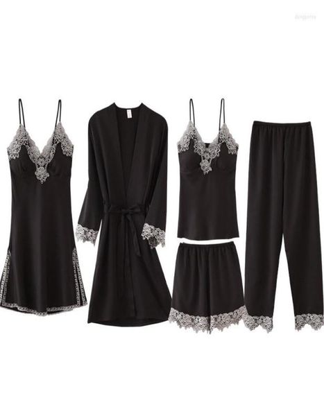 women039s sleepwear autumn spring 5 pieces set silk elegant women pajamas shorts sleeve elastic waist pants lounge with che3018375, Black;red
women039s sleepwear autumn spring 5 pieces set silk elegant women pajamas shorts sleeve elastic waist pants lounge with che3018375, Black;red