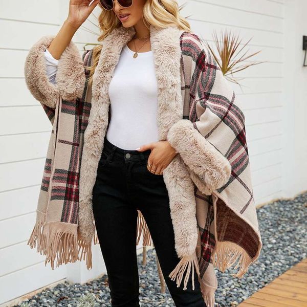 autumn and womens sweaters winter furry collar cloak tassels cardigan plaid shawl sweater clothing, White;black
autumn and womens sweaters winter furry collar cloak tassels cardigan plaid shawl sweater clothing, White;black