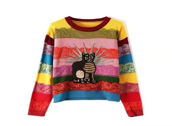 women rainbow sweater luxury designer embroidered cat womens sweaters loose pullover femme colorful stripes sweater fall sweaters 2058245, White;black
women rainbow sweater luxury designer embroidered cat womens sweaters loose pullover femme colorful stripes sweater fall sweaters 2058245, White;black