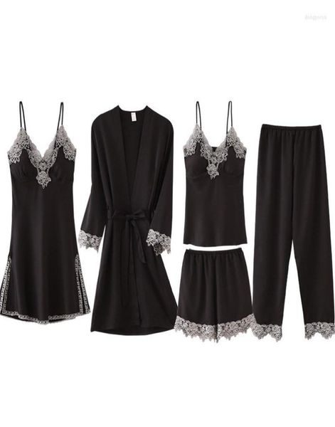 women039s sleepwear autumn spring 5 pieces set silk elegant women pajamas shorts sleeve elastic waist pants lounge with che6905431, Black;red
women039s sleepwear autumn spring 5 pieces set silk elegant women pajamas shorts sleeve elastic waist pants lounge with che6905431, Black;red