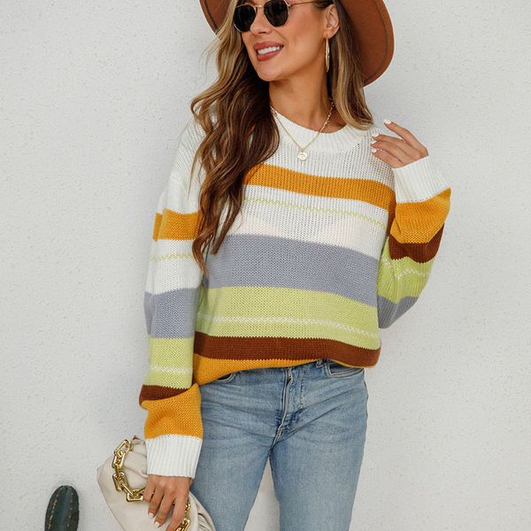 crewneck long sleeves contrast color striped loose thin knitted sweater, White;black
crewneck long sleeves contrast color striped loose thin knitted sweater, White;black
