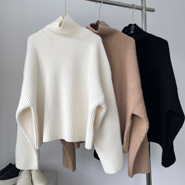 women's sweater european fashion brand standing neck drop shoulder knitted sweater, White;black
women's sweater european fashion brand standing neck drop shoulder knitted sweater, White;black