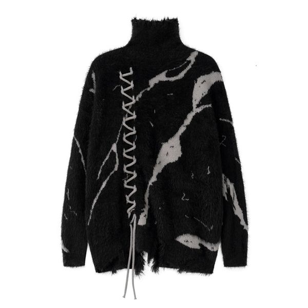 men's sweaters front lace up tie dye frayed high neck street retro casual oversized woolen clothes knitted sweater 230831, White;black
men's sweaters front lace up tie dye frayed high neck street retro casual oversized woolen clothes knitted sweater 230831, White;black