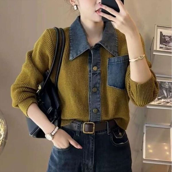 autumn winter style loose womens sweaters slim lazy design denim stitching polo collar retro sweater coat, White;black
autumn winter style loose womens sweaters slim lazy design denim stitching polo collar retro sweater coat, White;black